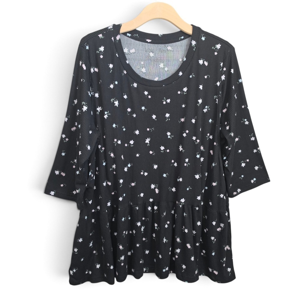 Latched Mama Nursing Top 3X Black Floral Ribbed Peplum Hem Breastfeeding 3/4